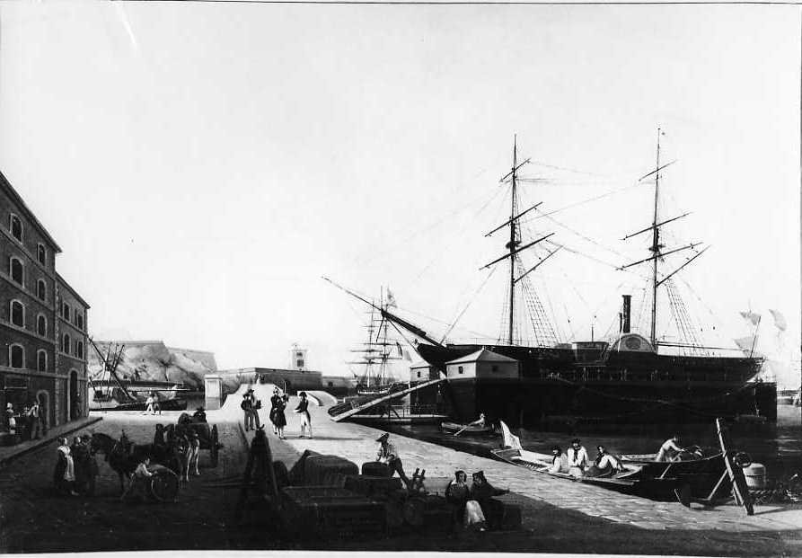 veduta del porto di Marsiglia con la fregata napoletana Archimede, veduta (dipinto, opera isolata) - ambito italiano (sec. XIX)