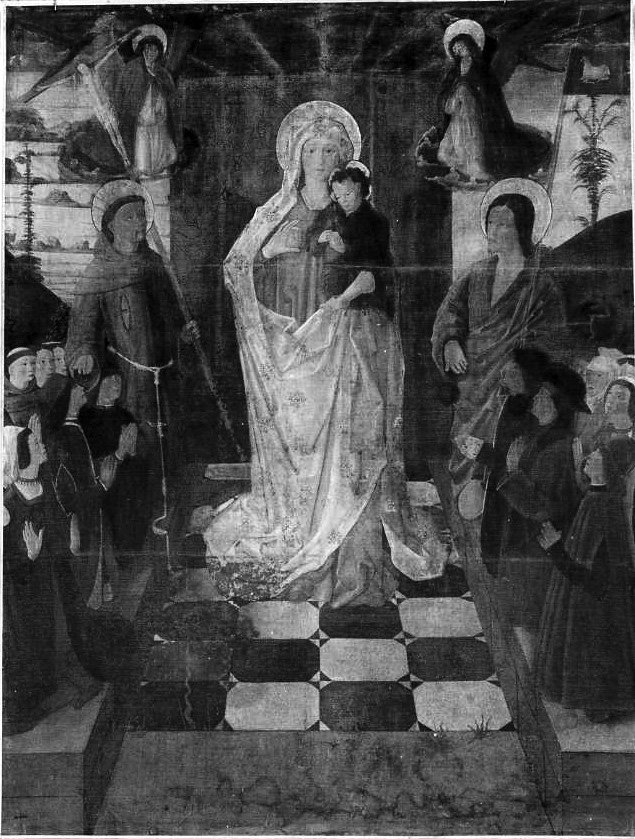 Madonna con Bambino tra San Giovanni Battista, San Francesco d'Assisi e devoti (dipinto) - ambito campano (seconda metà sec. XV)
