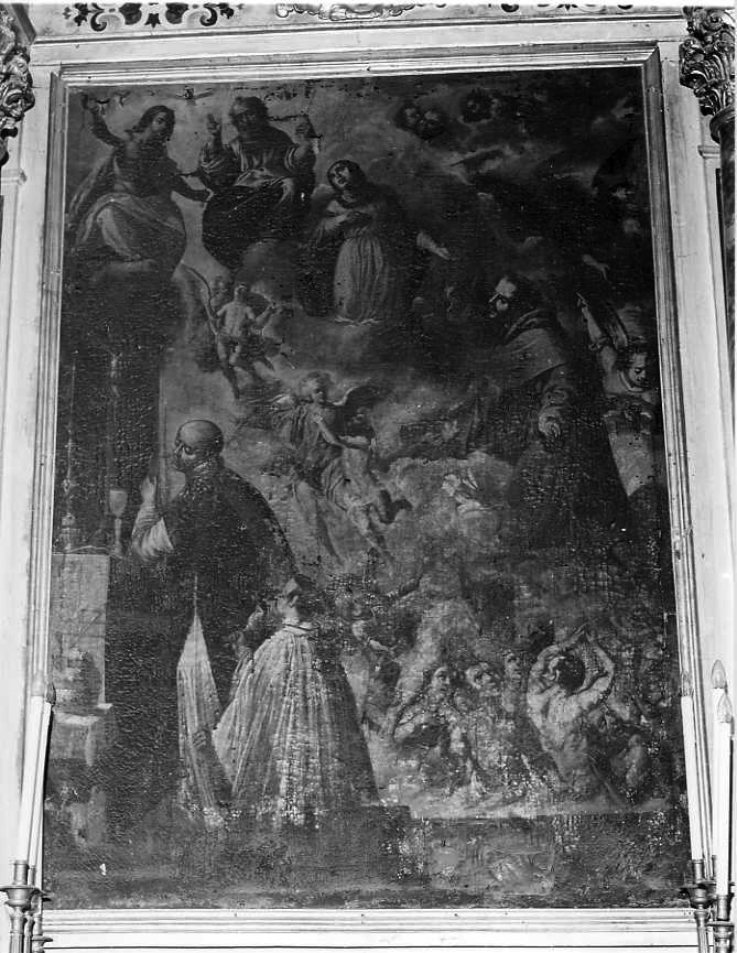 Trinità con Madonna, Sant' Antonio, San Gregorio e anime purganti (dipinto) di Curia Francesco (maniera) (secc. XVI/ XVII)