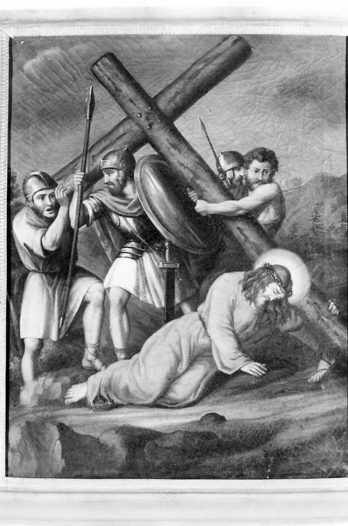 stazione IX: Gesù cade sotto la croce la terza volta (dipinto) - ambito campano (sec. XIX)