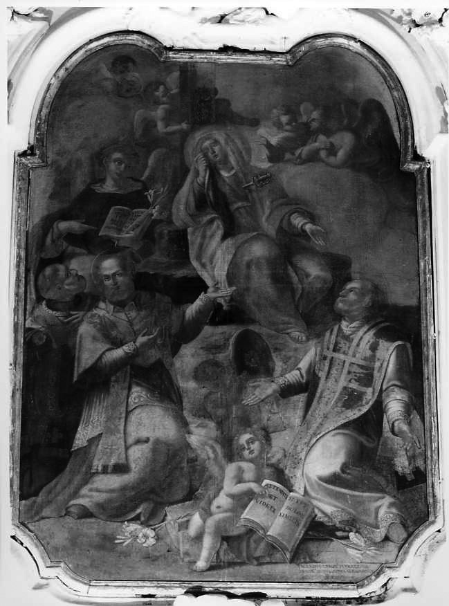 Madonna Addolorata con Sant'Antonio, vescovi ed angeli (dipinto) di Ferrazzani Carlo (sec. XVIII)
