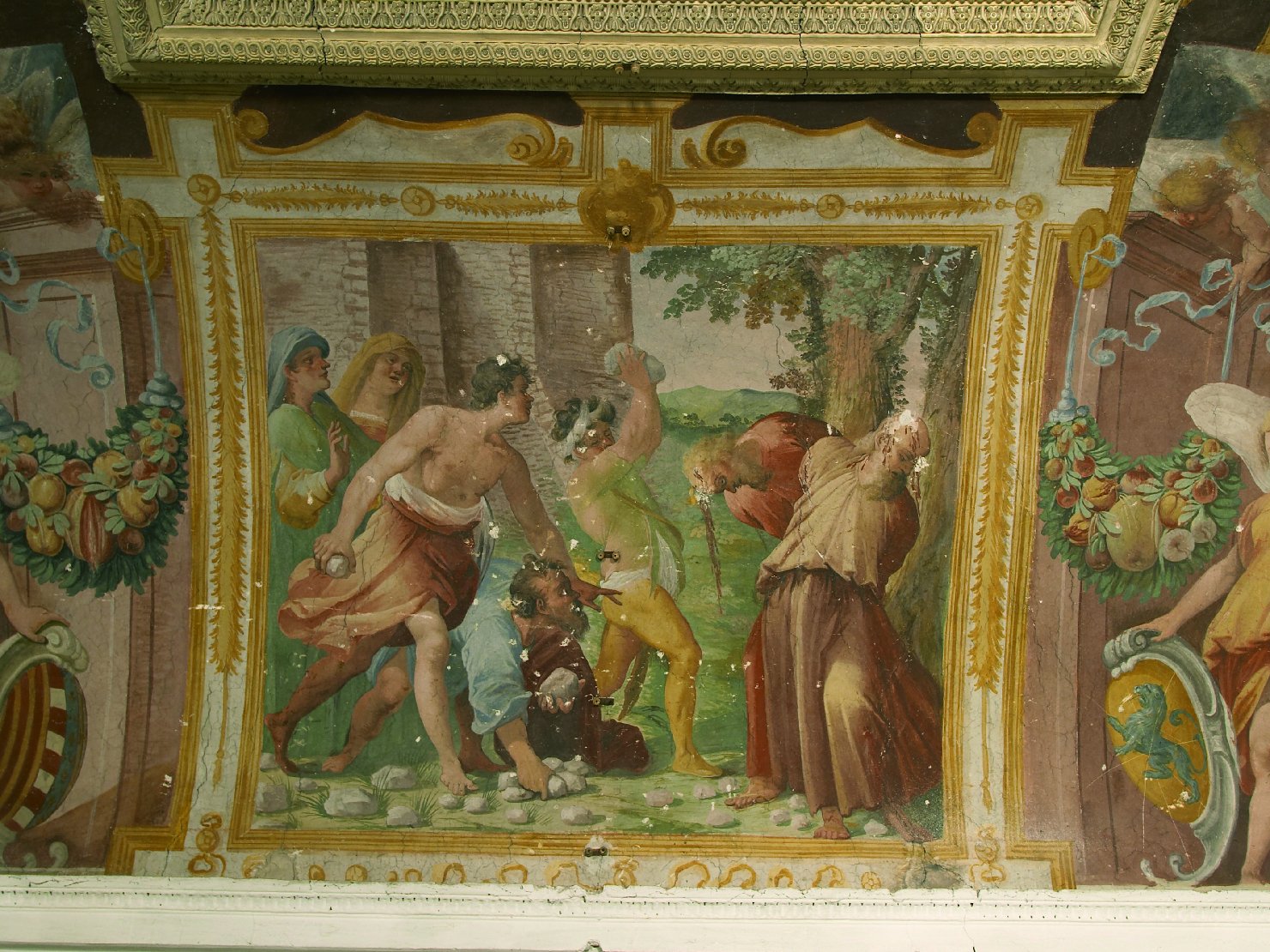 Lapidazione dei vecchioni, lapidazione dei vecchi accusatori di Susanna (dipinto, elemento d'insieme) di Pussè Agostino (e aiuti) (primo quarto sec. XVII)