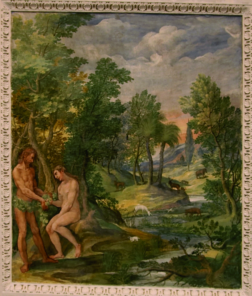 Adamo ed Eva, Adamo ed Eva nel paradiso terrestre (dipinto, elemento d'insieme) di Pussè Agostino (e aiuti) (primo quarto sec. XVII)