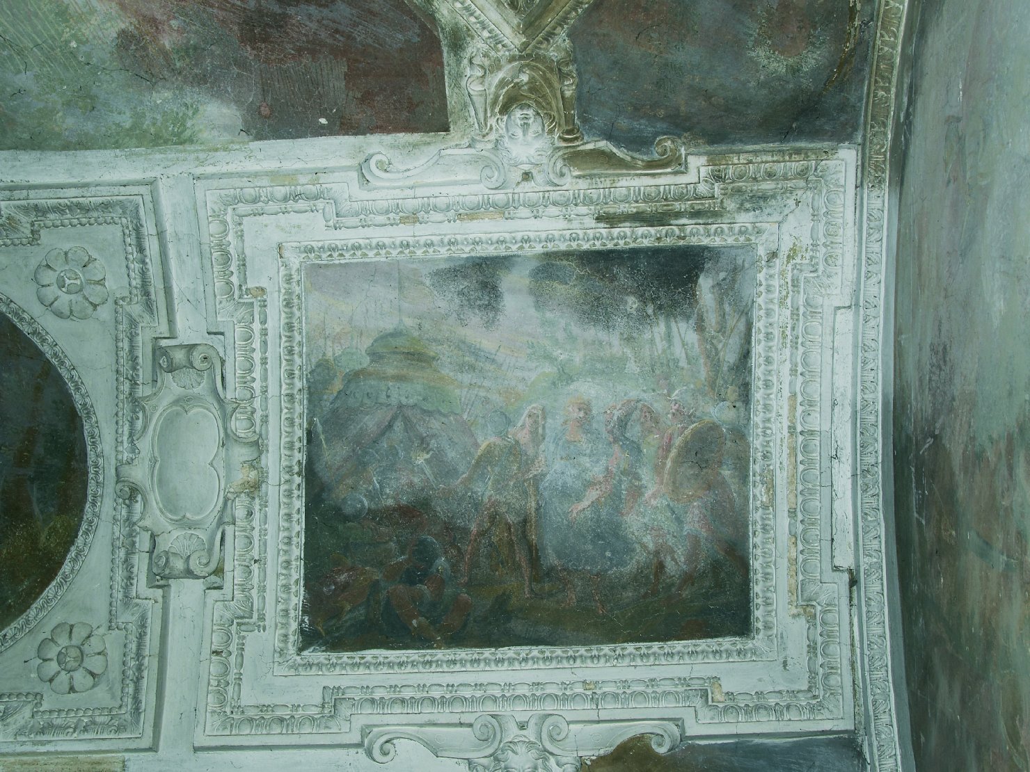 Giuditta con la sua ancella si reca al campo di Oloferne (soffitto dipinto, frammento) di Bellisario Corenzio (cerchia), Pussè Agostino (cerchia), Spallucci Camillo (cerchia) (primo quarto sec. XVII)