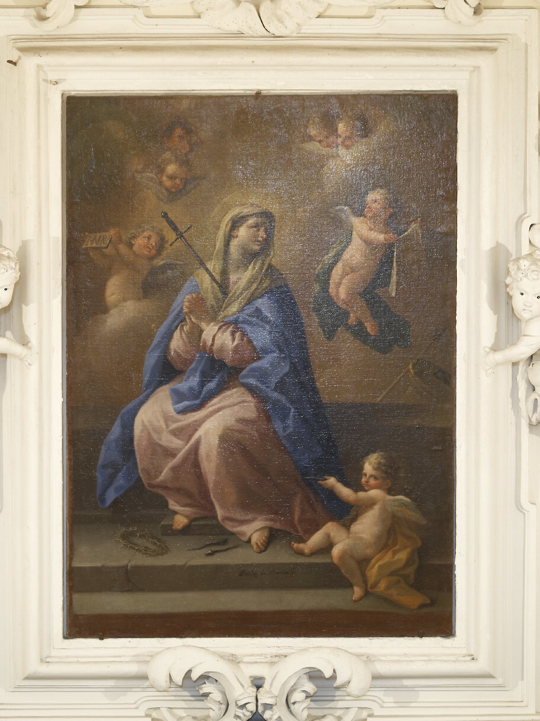 Vergine dei Sette Dolori, Madonna Addolorata con simboli della Passione (dipinto) di De Matteis Paolo (ultimo quarto sec. XVII)