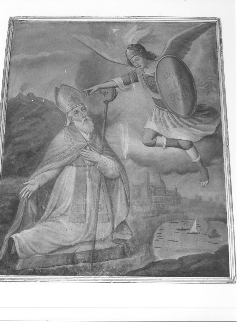 apparizione di San Michele Arcangelo a un Santo vescovo (dipinto) - ambito campano (sec. XIX)