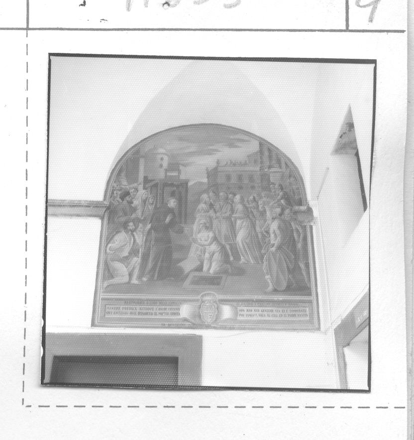 Sant'Antonio da Padova riceve la testimonianza di un morto risorto (dipinto, ciclo) di Rubini Giuseppe (sec. XVIII)