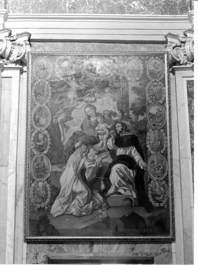 Madonna del Rosario con San Domenico, Santa Caterina da Siena e misteri del rosario (dipinto) di De Rosa Pedro (sec. XVIII)