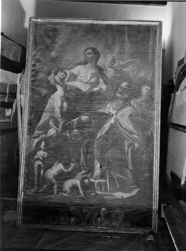 Madonna con Bambino fra angeli e cherubini con San Nicola di Bari e altri santi (dipinto) - ambito Italia meridionale (sec. XVIII)