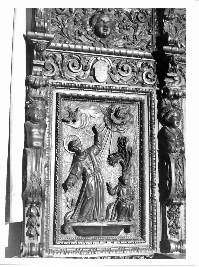 San Francesco d'Assisi riceve le stimmate (pannello di stallo di coro, elemento d'insieme) di Consulmagno Girolamo (attribuito) (prima metà sec. XVII)