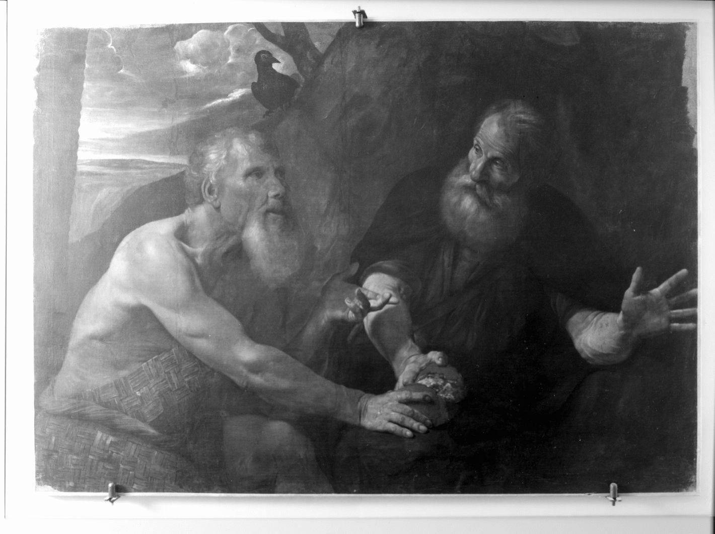 Sant'Antonio Abate e San Paolo Eremita nutriti da un corvo (dipinto, opera isolata) - ambito napoletano (metà sec. XVII)