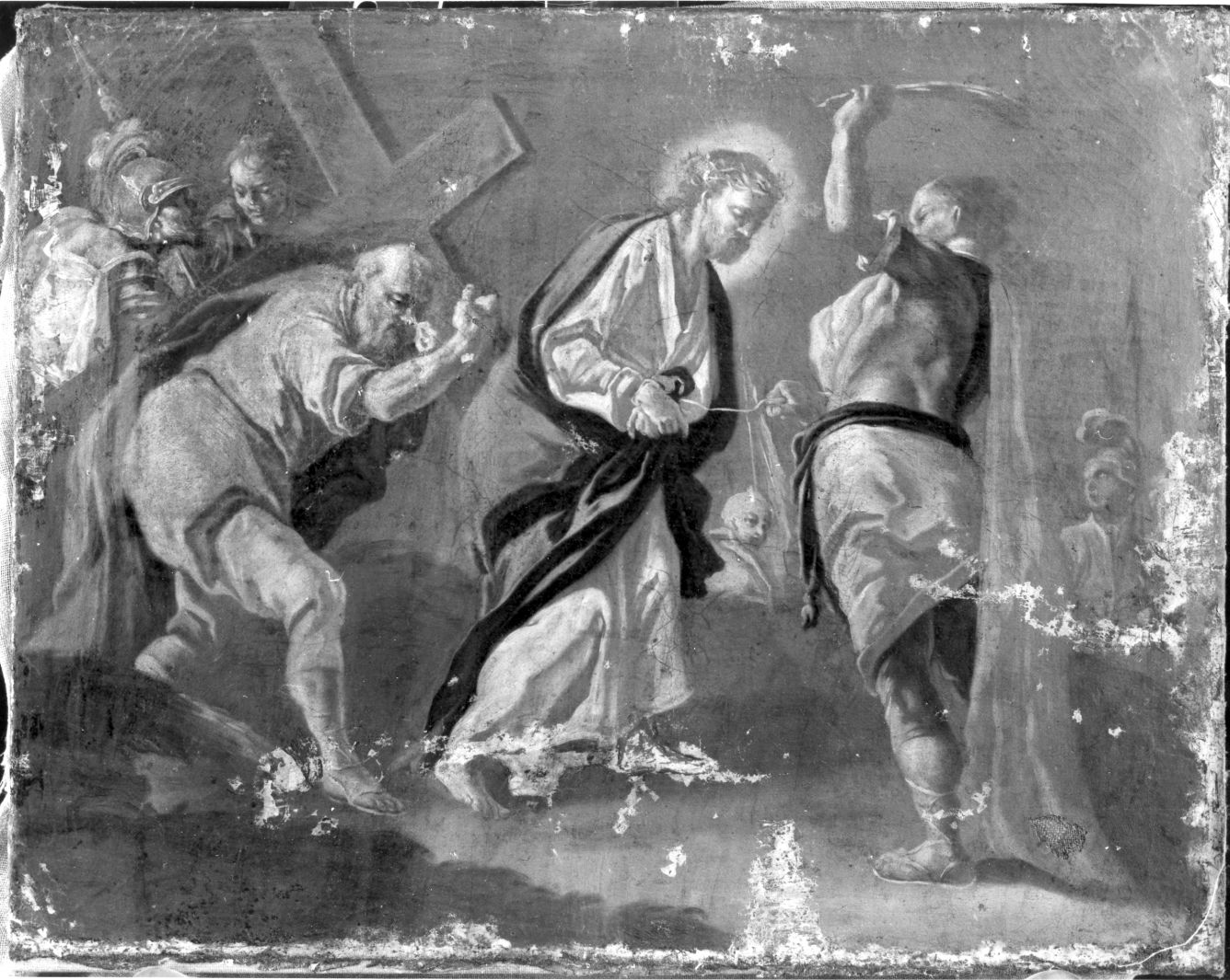 stazione V: Gesù aiutato da Simone il Cireneo a portare la croce (dipinto, elemento d'insieme) di Peccheneda Nicola (attribuito) (sec. XVIII)