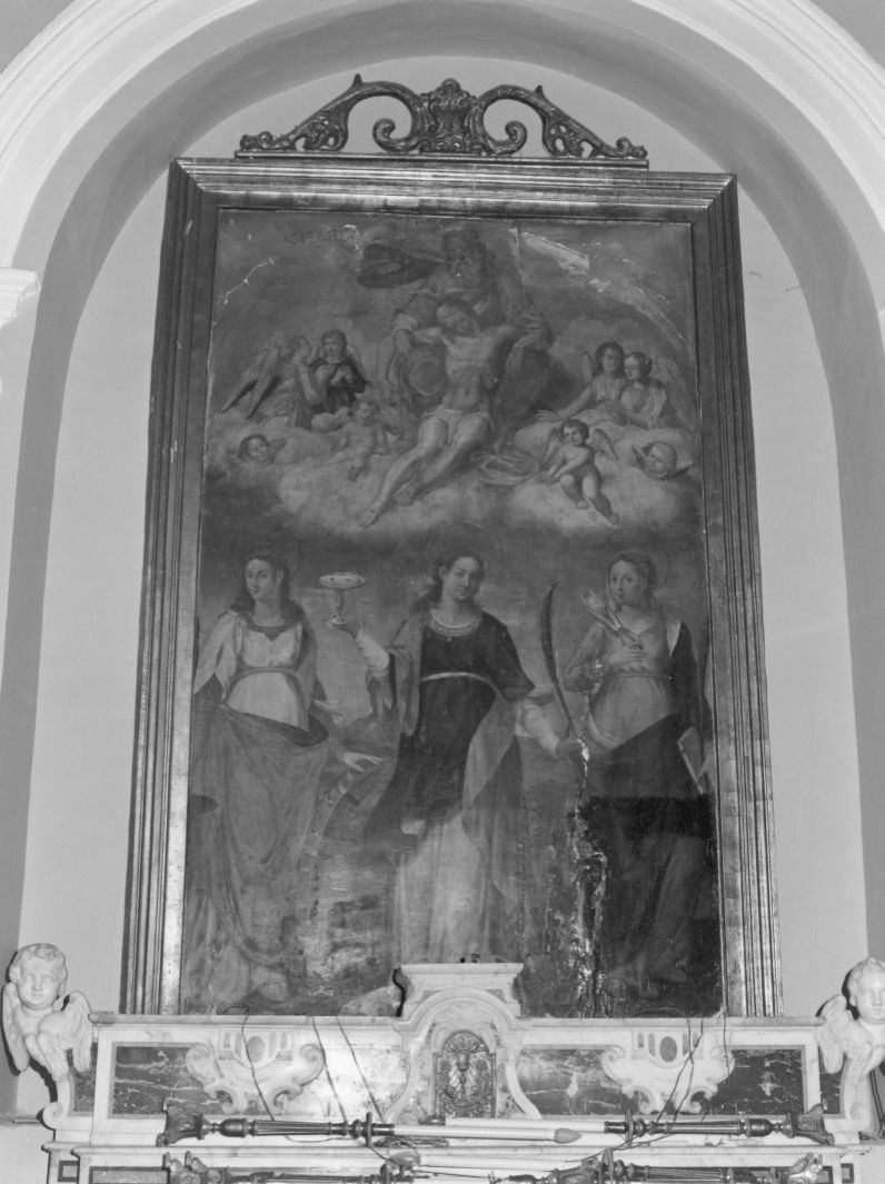 Trinità con Santa Caterina, Santa Lucia e Sant'Agata (dipinto, opera isolata) di Malatesta Leonardo di Francesco di Lazzaro detto Leonardo da Pistoia (maniera) (sec. XVI)