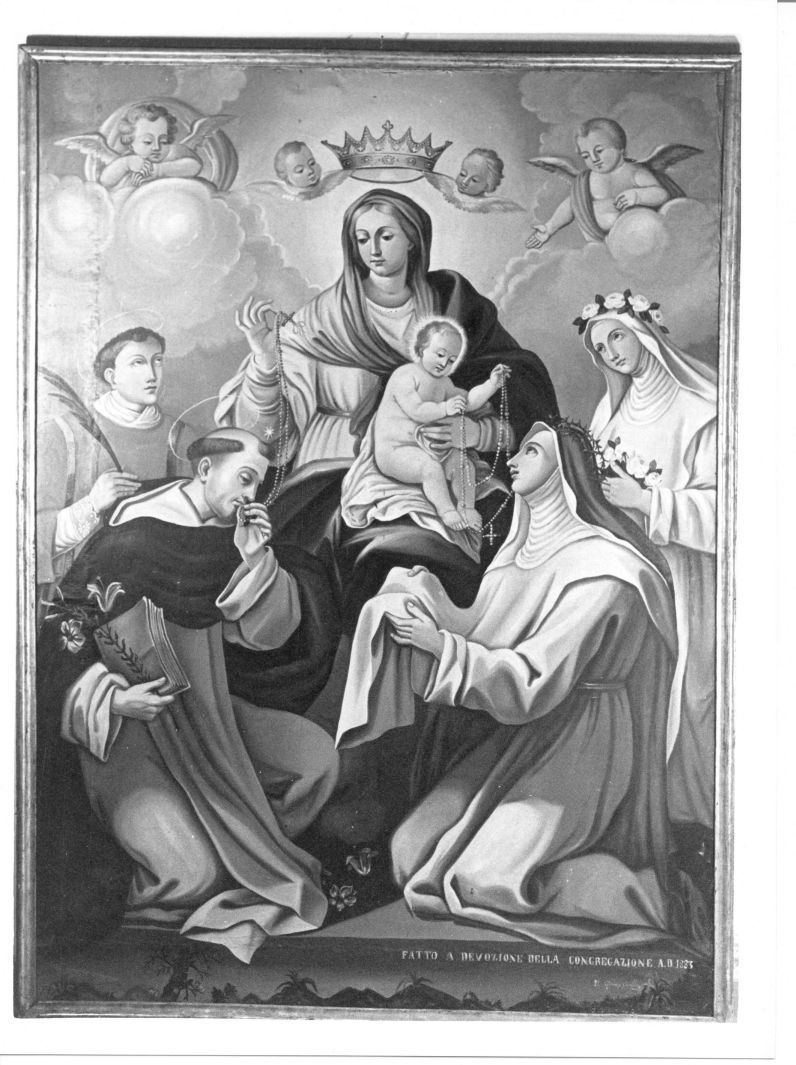 Madonna del Rosario con San Domenico e Santa Caterina da Siena (dipinto) di Avallone Alfonso (sec. XIX)