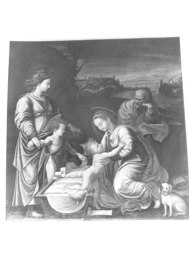 adorazione di Gesù Bambino con la Madonna, San Giuseppe, Sant'Elisabetta e San Giovanni Battista bambino (dipinto) - ambito campano (sec. XVI)