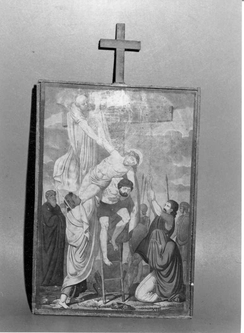 stazione XIII: Gesù deposto dalla croce (stampa colorata a mano, serie) - ambito Italia centro-meridionale (fine/inizio secc. XIX/ XX)