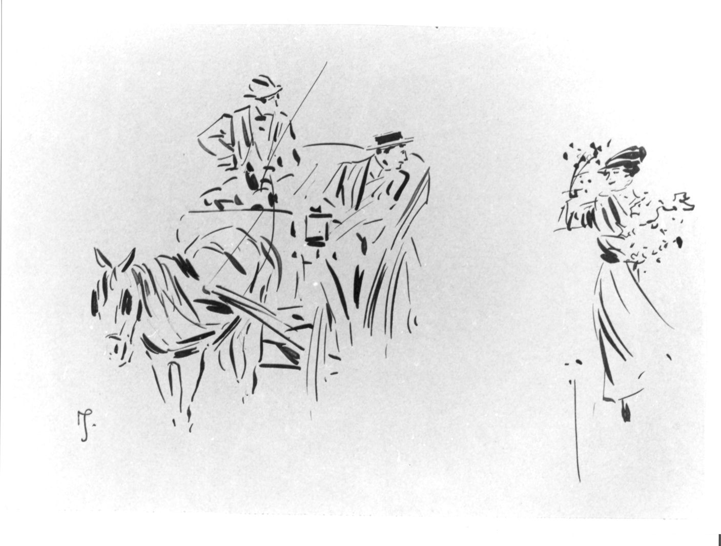 uomini in carrozza (disegno preparatorio) di Scoppetta Pietro (primo quarto sec. XX)