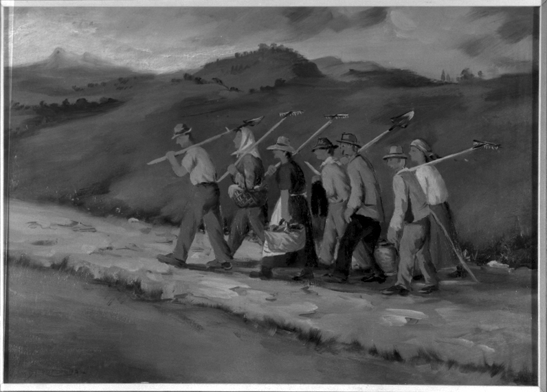 lavoratori di rirtorno a casa (dipinto) di Scarponi Alfredo detto Alfredo di Romagna (sec. XX)