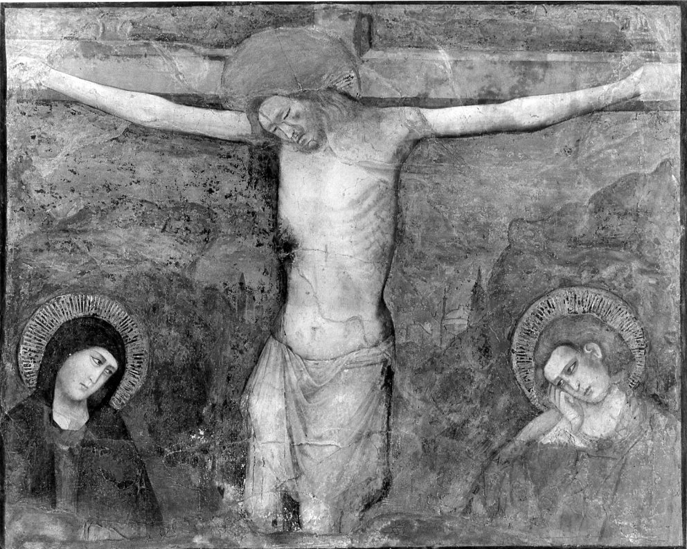 Cristo crocifisso con Madonna e San Giovanni Evangelista (dipinto) di Giuliano da Rimini (inizio sec. XIV)
