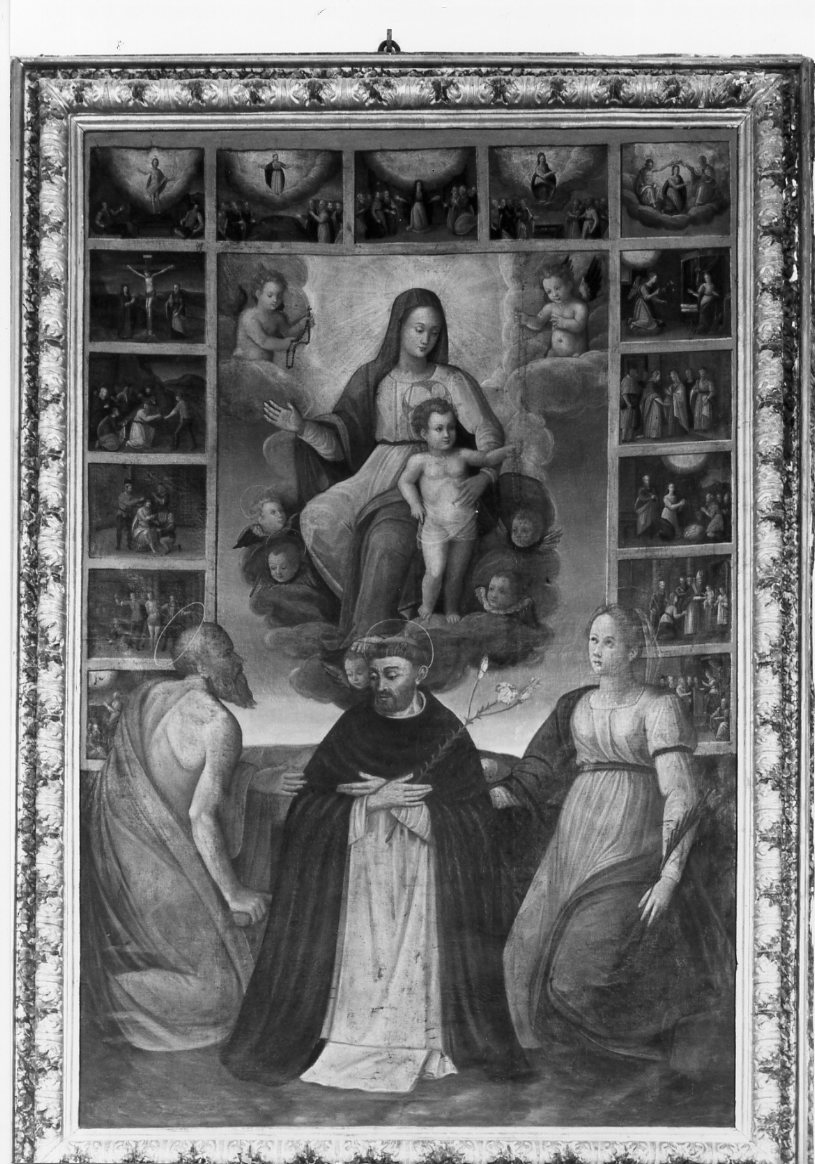 Madonna con Bambino, San Bartolomeo, San Domenico, Santa Lucia e i misteri del rosario (dipinto) - ambito romagnolo (metà sec. XVIII)