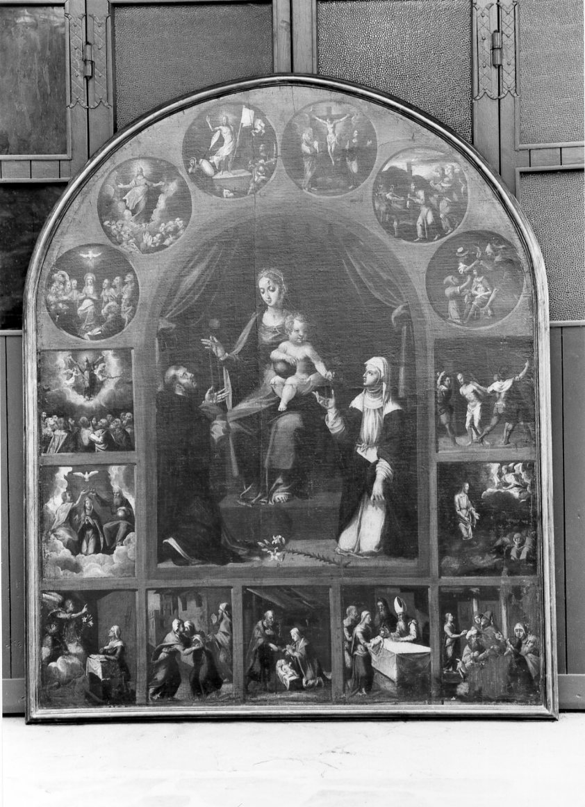 Madonna con Bambino, San Domenico, Santa Caterina e i misteri del rosario (dipinto) di Valbonesi Michele (attribuito) (sec. XVIII)