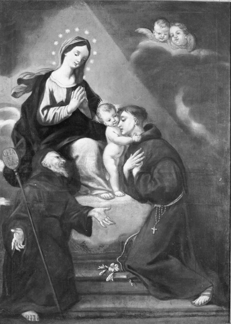 La Madonna col Bambino, Sant'Antonio da Padova e San Francesco di Paola, Madonna con Bambino e Santi (dipinto) di Barbiani Andrea (scuola) (sec. XVIII)
