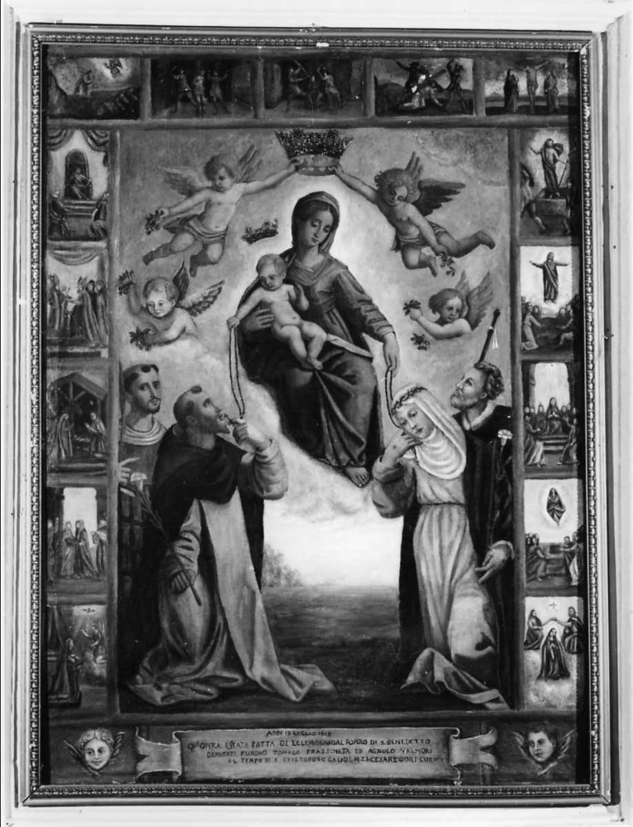 Madonna del Rosario con San Domenico e Santa Caterina, santi e misteri del rosario (dipinto) - ambito romagnolo (sec. XVII)