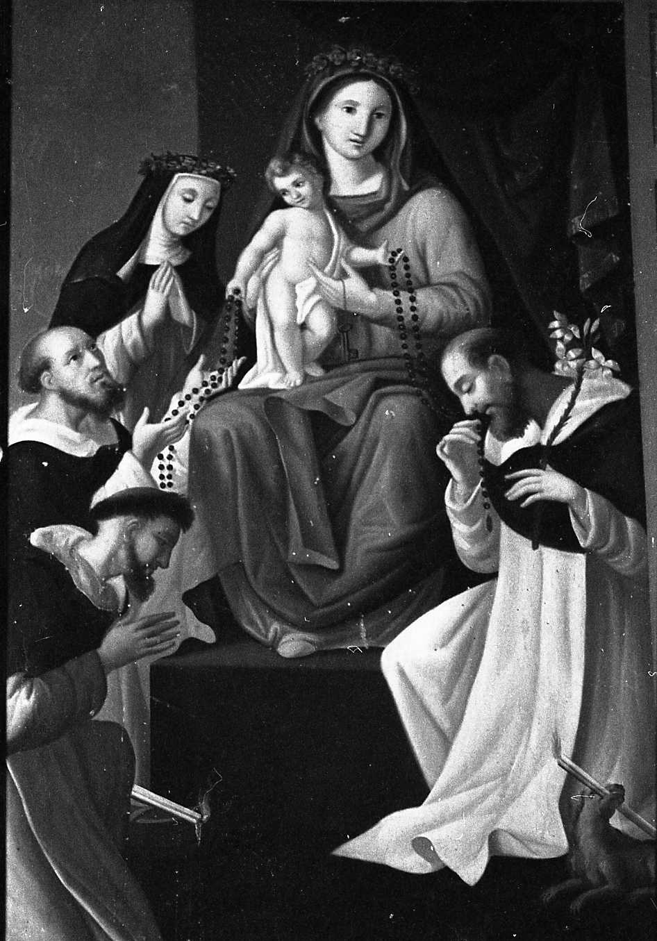Madonna con Bambino e Santi, con misteri del Rosario (dipinto) di Boldrini Agostino (seconda metà sec. XIX)