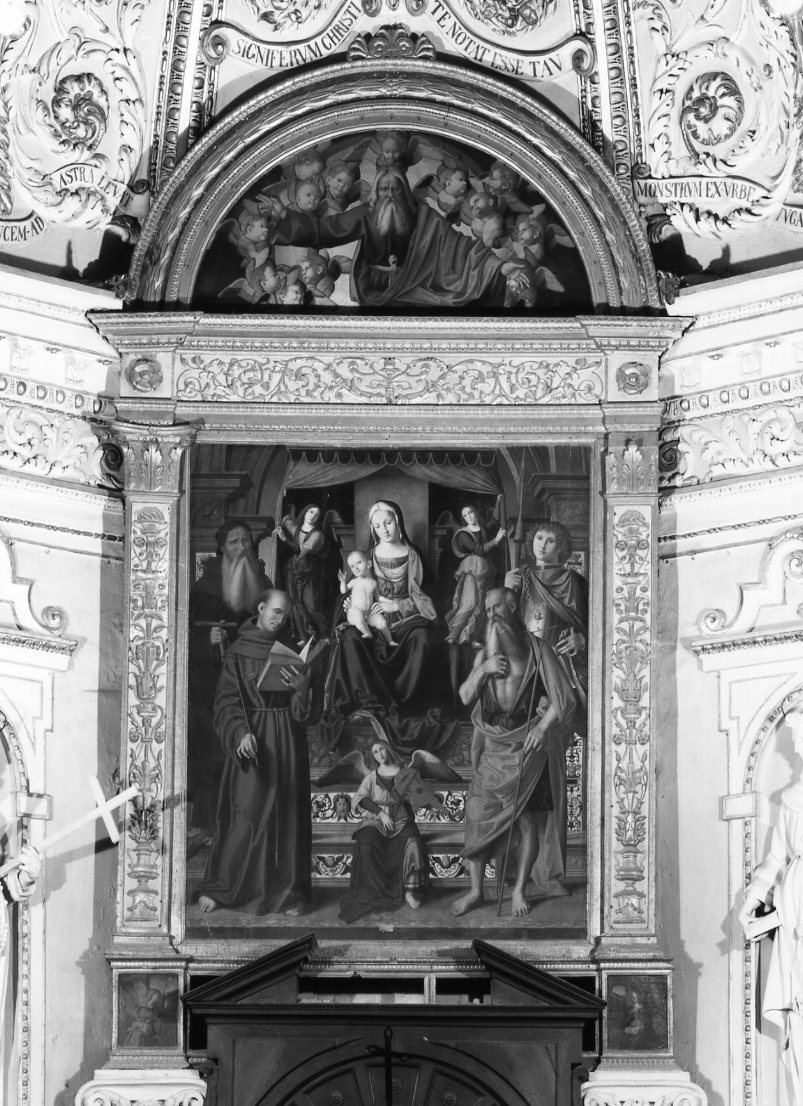 Madonna con Bambino in trono con Sant'Antonio da Padova, Sant'Antonio Abate, San Girolamo, San Giorgio (pala d'altare) di Palmezzano Marco (sec. XVI)