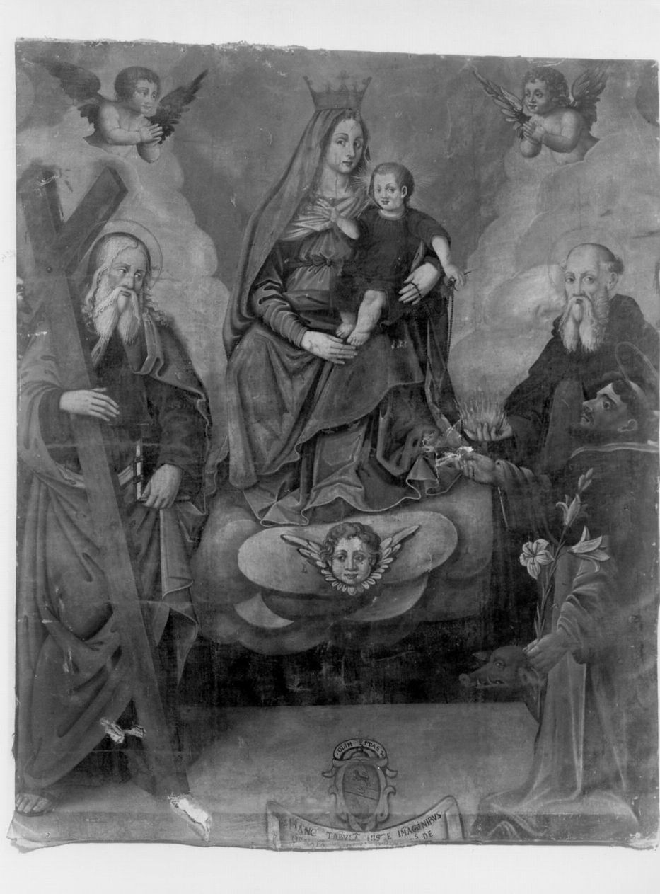 Madonna Incoronata con Bambino, Sant'Andrea, Sant'Antonio Abate e San Domenico (dipinto, frammento) - ambito faentino (sec. XVII)