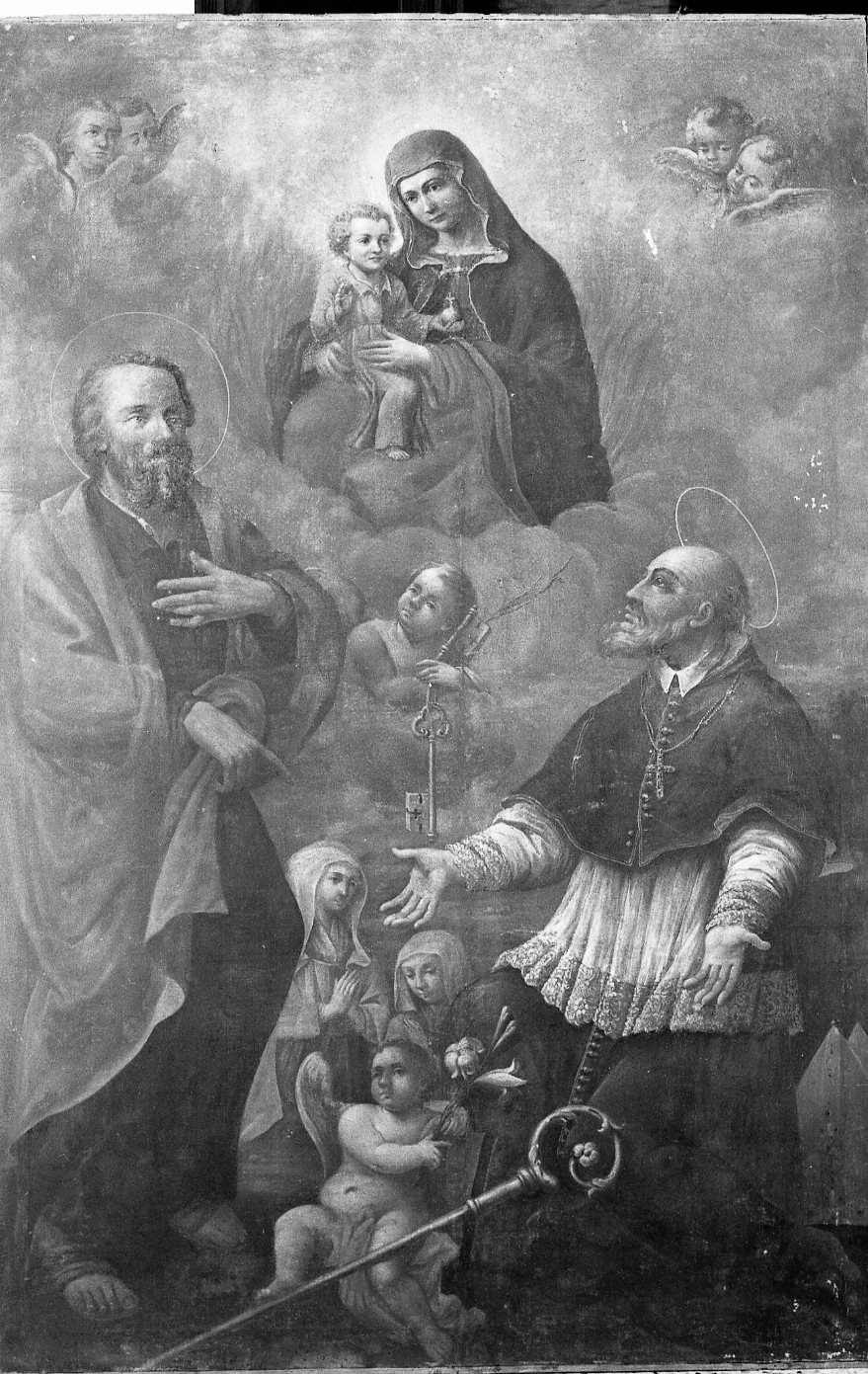 Madonna del Fuoco, Madonna con Bambino, San Pietro, Santo Vescovo e donne oranti (dipinto) - ambito romagnolo (prima metà sec. XVIII)
