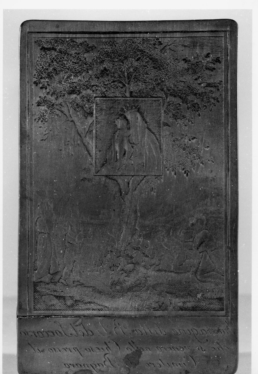 immagine della Madonna del soccorso di Bagnara posta su un albero e adorata dai fedeli (matrice) - bottega romagnola (seconda metà sec. XIX)