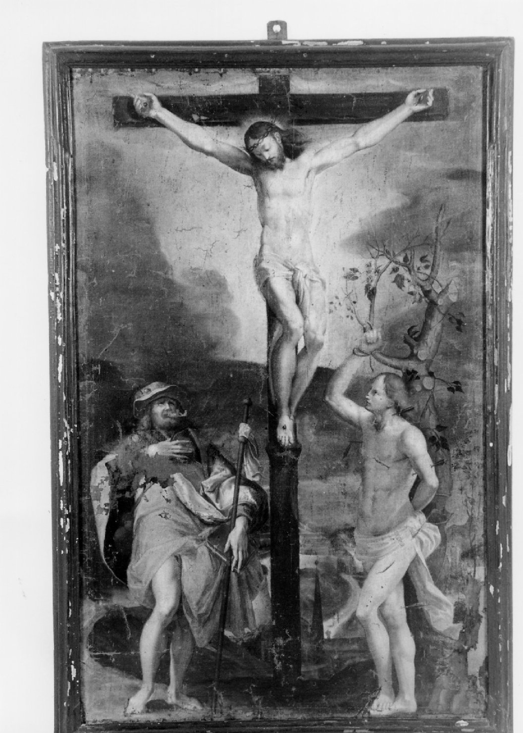 Cristo crocifisso con San Rocco e San Sebastiano (dipinto) - ambito emiliano (sec. XVII)