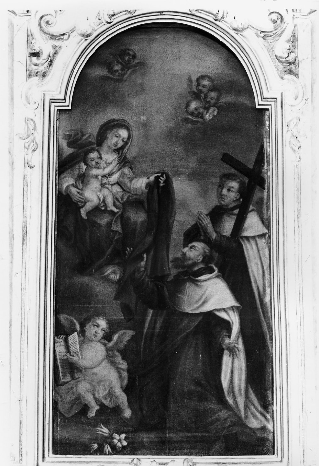 La Madonna del Carmelo consegna lo scapolare a San Simone Stock con San Giovanni della croce e un angelo (dipinto) - ambito emiliano-romagnolo (metà sec. XVIII)