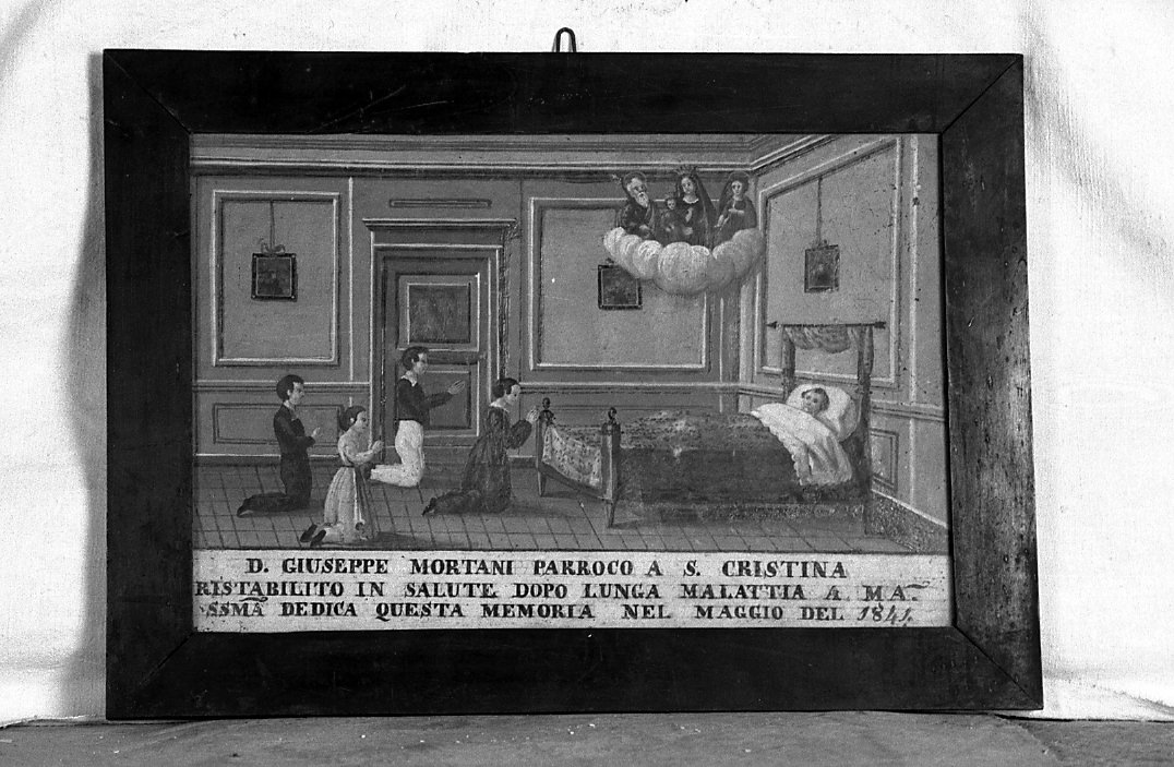 Madonna di Costantinopoli, San Giuseppe e Santa Cristina appaiono ad un malato a letto (ex voto) - ambito romagnolo (sec. XIX)