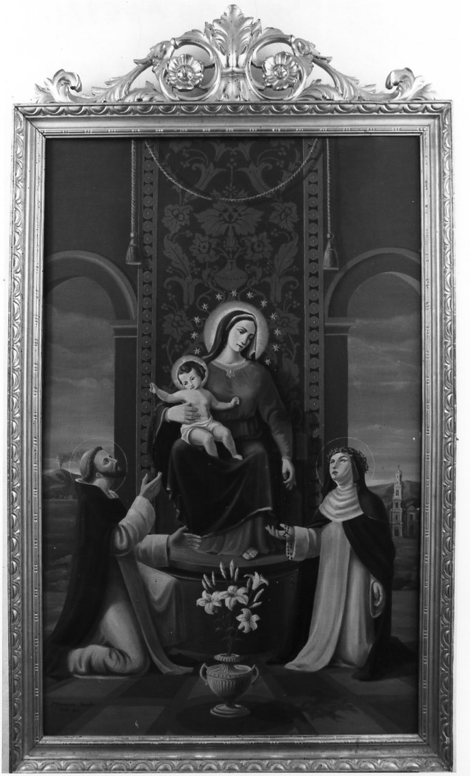 Madonna con Bambino in trono e i Santissimi Alberto carmelitano (?) e Santa Teresa del Bambin Gesù (?) (dipinto) di Favalli Gherardo padre (sec. XX)