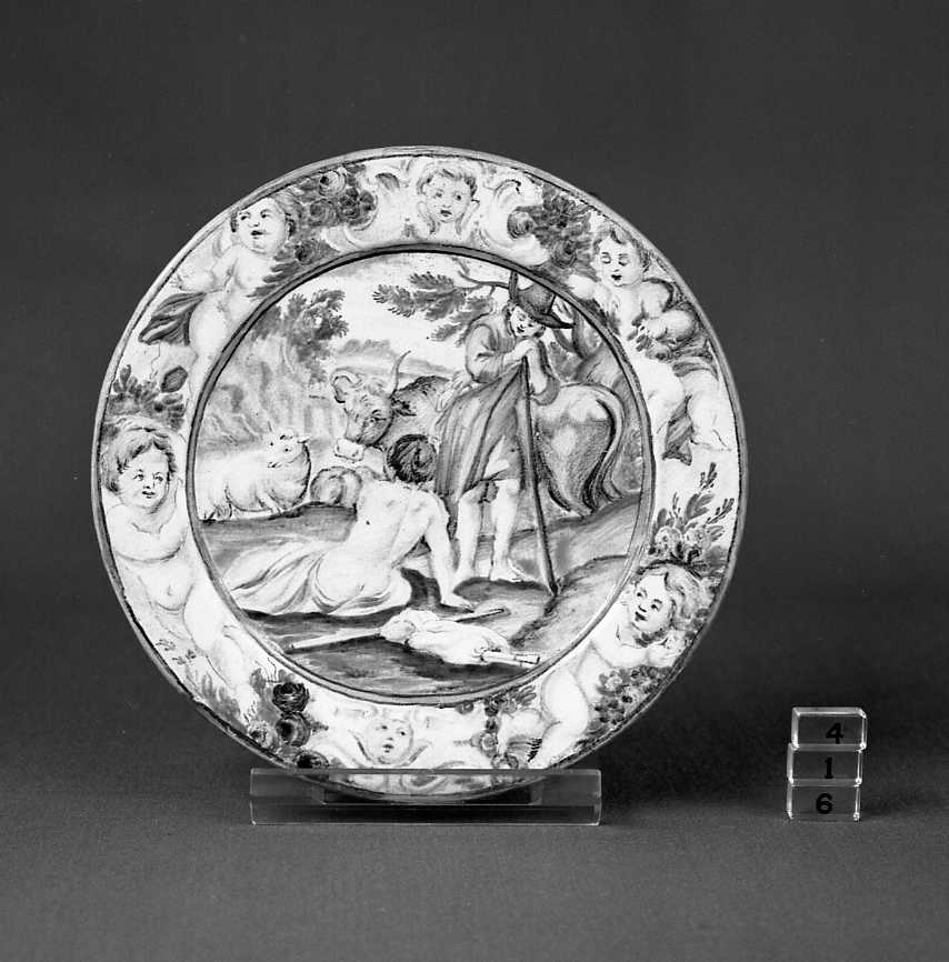 paesaggio con pastore e donna nuda (piatto) - ambito abruzzese (sec. XVIII)