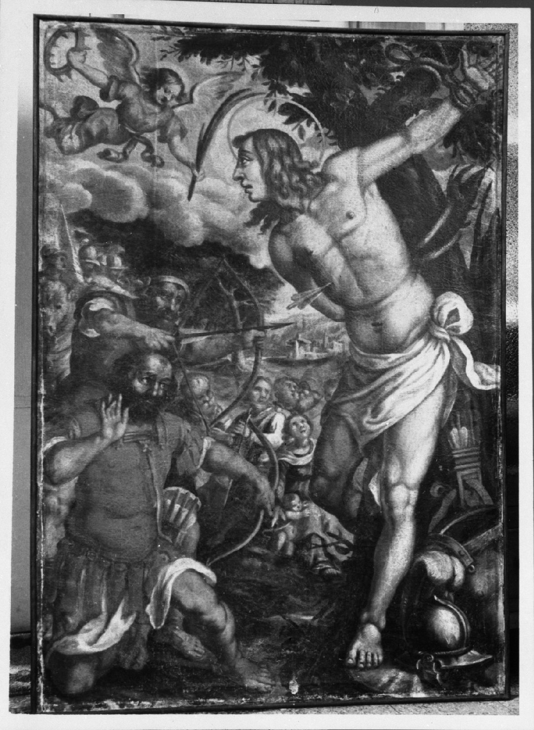 San Sebastiano/ arcieri/ angelo con corona e palma del martirio (dipinto) - ambito emiliano-romagnolo (seconda metà sec. XVI)