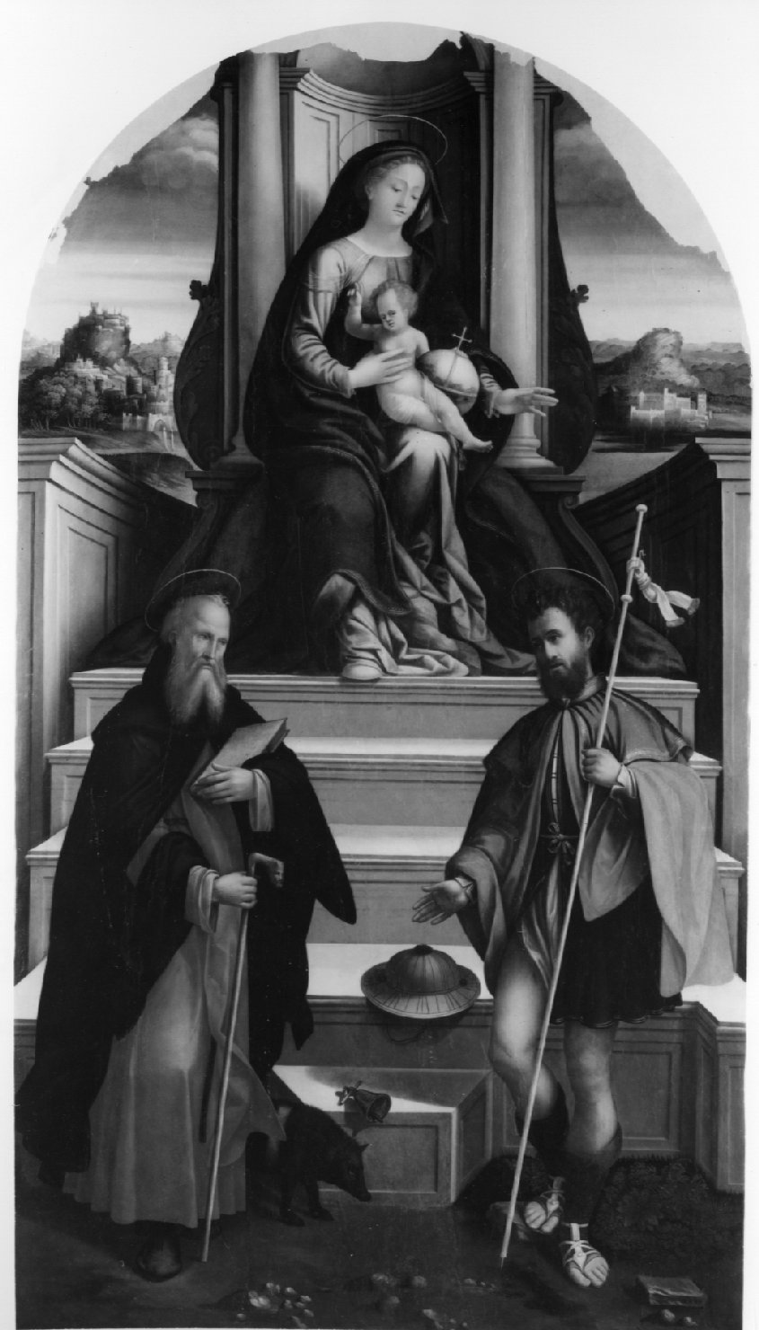Madonna con Bambino in trono con San Rocco e Sant'Antonio Abate (dipinto) di Maestro dei Dodici Apostoli (sec. XVI)