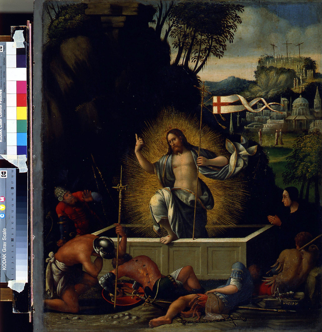Resurrezione di Cristo con ritratto della committente (dipinto, elemento d'insieme) di Maestro dei Dodici Apostoli (sec. XVI)