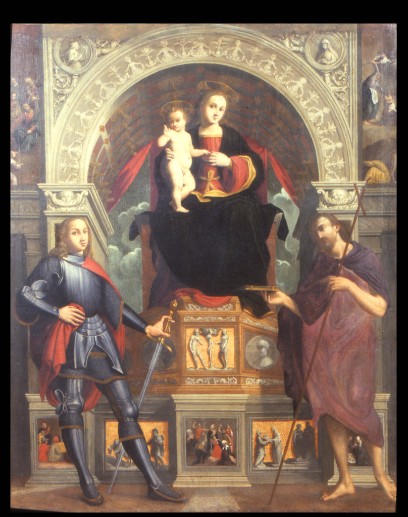Madonna con Bambino in trono fra San Giorgio e San Giovanni Battista (dipinto) di Bononi Carlo (primo quarto sec. XVII)