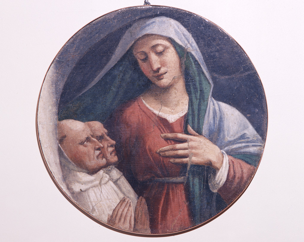 Madonna con due monaci olivetani (dipinto murale, elemento d'insieme) di Sellari Girolamo detto Girolamo da Carpi (attribuito) (sec. XVI)