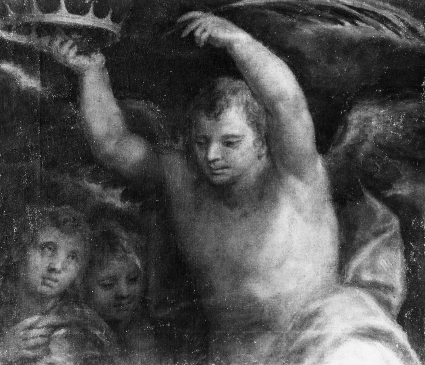 Angeli con palme e corona (dipinto, elemento d'insieme) di Filippi Sebastiano detto Bastianino (sec. XVI)