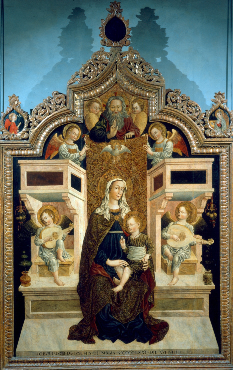 Madonna in trono fra angeli e Dio Padre benedicente (dipinto) di Loschi Jacopo (sec. XV)