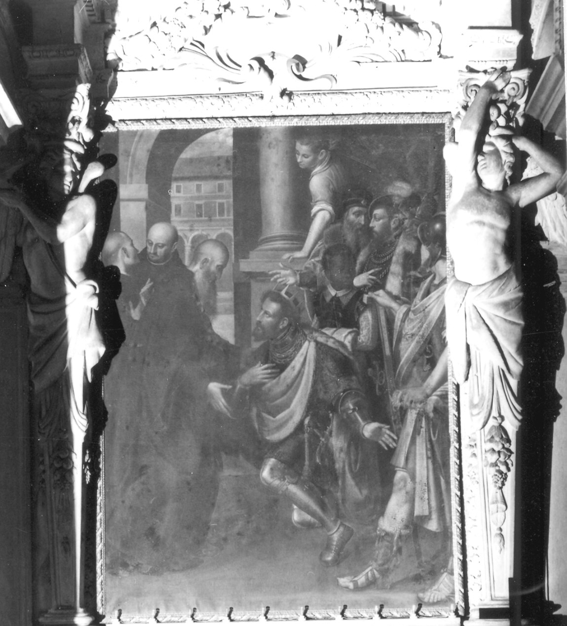 I Santi Mauro e Benedetto accolgono Ezzelino da Romano penitente (dipinto) di Gatti Gervasio (sec. XVI)