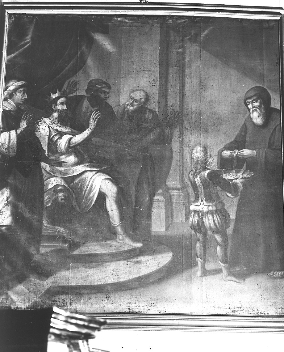 San Francesco di Paola spezza la moneta davanti al re di Napoli (dipinto) - ambito emiliano (seconda metà sec. XVIII)