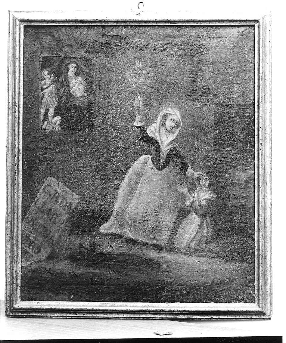 benedizione di una fanciulla davanti alla lampada ardente della Madonna del Pilastro (ex voto) - ambito piacentino (metà sec. XVIII)