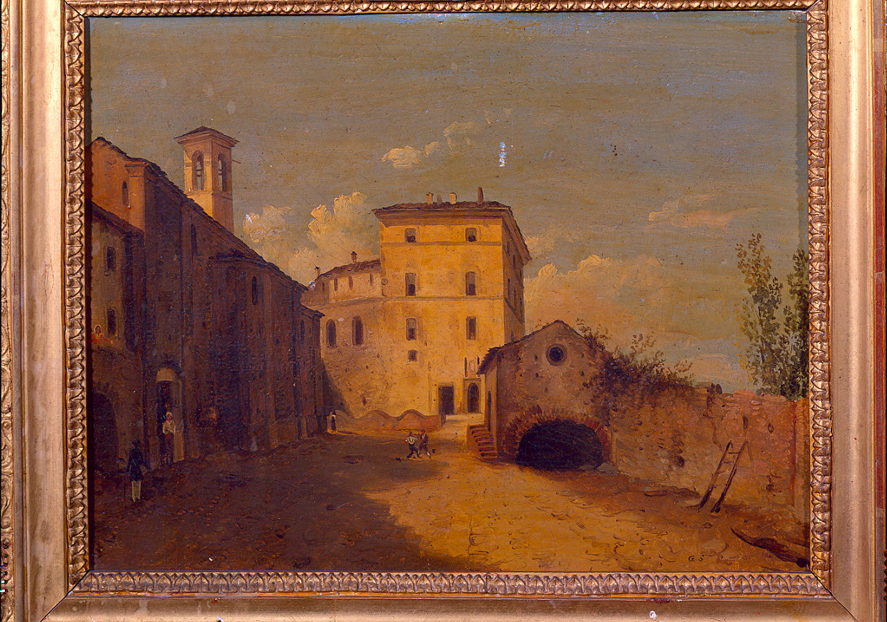 villaggio con chiesa (dipinto) di Alinovi Giuseppe (secondo quarto sec. XIX)