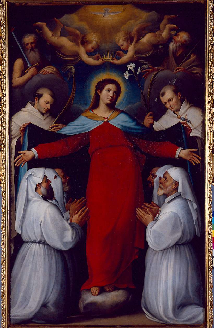 Madonna della Misericordia e la società della Beata Vergine del Monte Carmelo (stendardo processionale) di Bernabei Alessandro (sec. XVII)