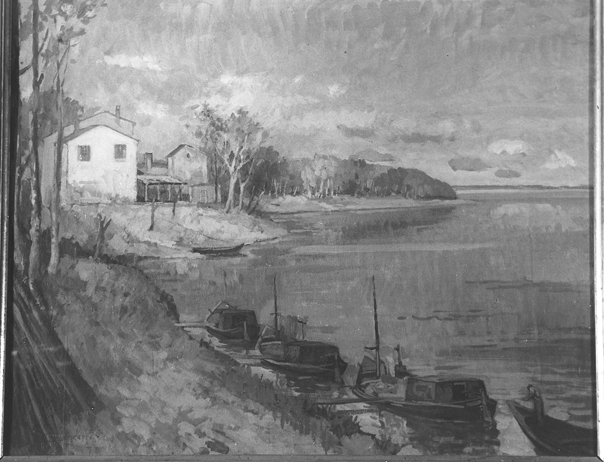 case e barche sulla riva del Po (dipinto) di Concerti Umberto (sec. XX)